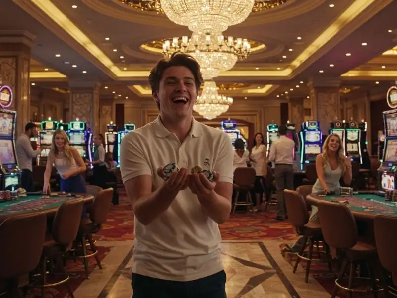 Young man proudly showing casino chips at Queen 777 Casino