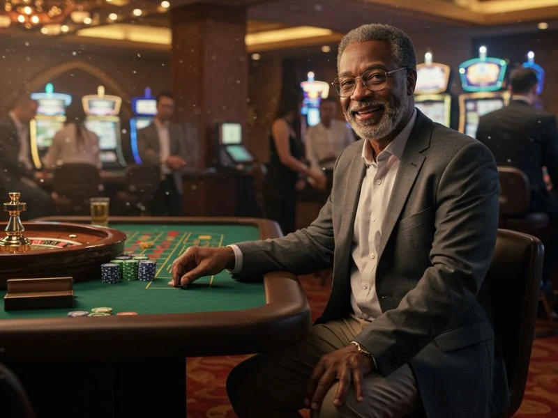 Happy man enjoying roulette game at 688jili online casino.