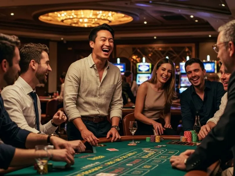Joyful player enjoying casino games with friends after successful bonus 365 login register