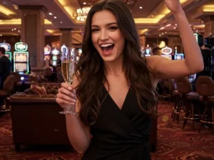 Elegant lady enjoying her evening at a casino after completing bonus 365 login register process