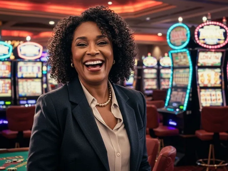 Smiling woman watching online casino games after successful bonus 365 login register