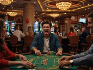 Happy friends cheering during an intense poker round at bonus365 online casino.