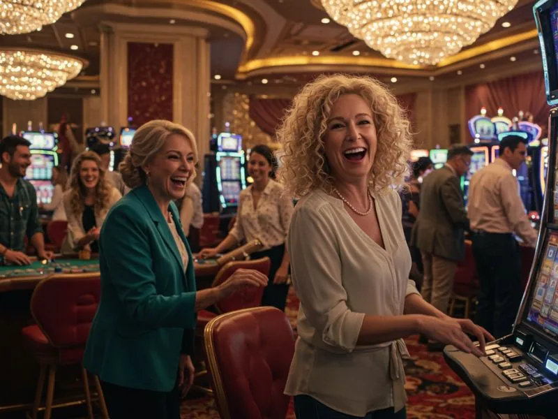 Happy lady smiling while spinning slot reels at bonus365 online casino.