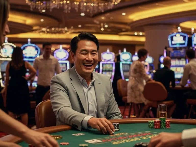 Joyful casino player placing chips on the table after successful bonus365 register experience