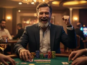 Man happily celebrating poker victory after successful bonus365 register experience