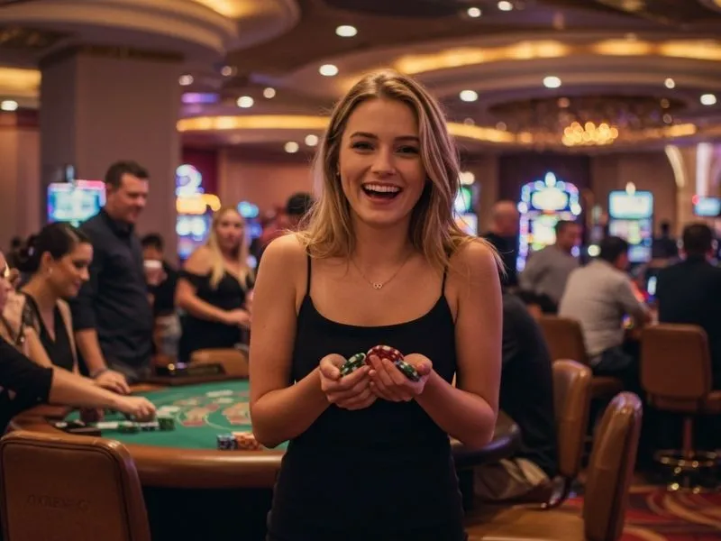 Woman celebrating with poker chips after successful bonus365 register and casino win