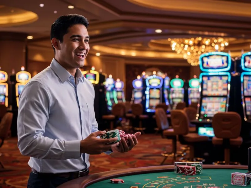 Happy man holding casino chips celebrating free 100 no deposit bonus win.