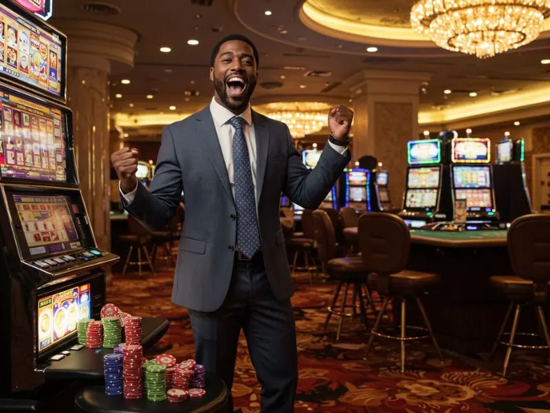 Happy man celebrating a big win on slots with free 100 no deposit bonus.