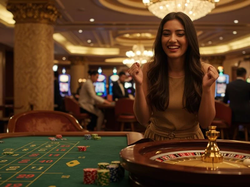 Happy woman excited after winning on roulette with free 100 no deposit bonus