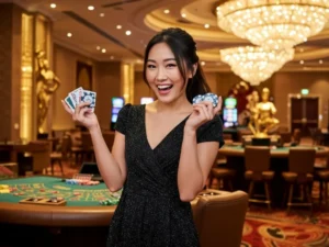 Happy woman celebrating at the casino table after dealer reveals cards with a free 100 no deposit bonus win.
