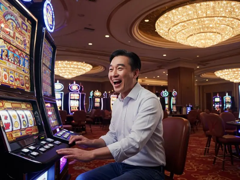 Happy man smiling with confidence after hitting the jackpot in free 100 register casino ph promotion.