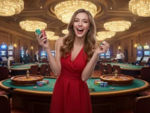Golinku happy player holding poker chips after a big casino win