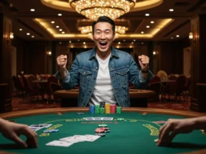 Happy man celebrating casino wins after claiming the jili online casino free 200php welcome bonus