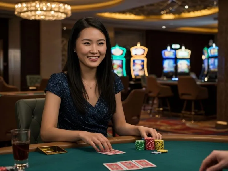 Lady smiling while playing poker at jili online casino free 200php welcome bonus event