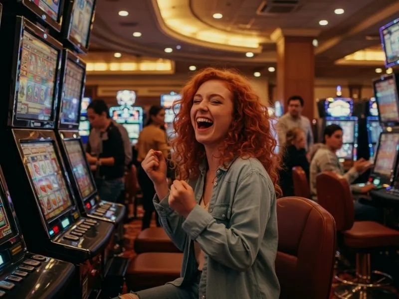 Woman enjoying a slot machine round at jili online casino free 200php welcome bonus promotion