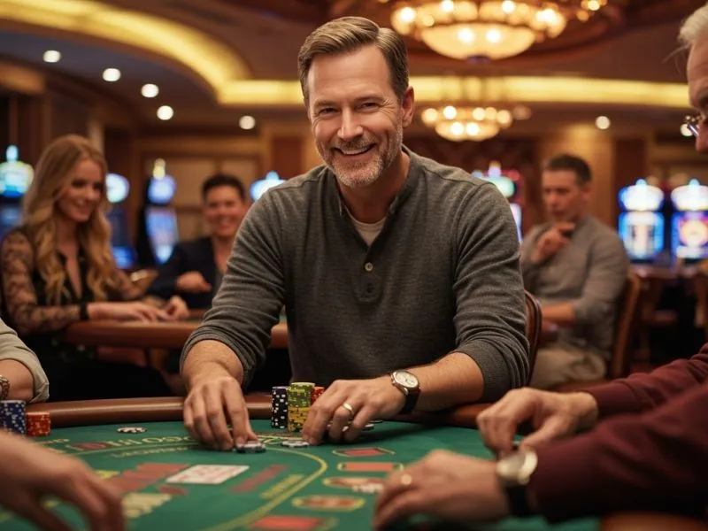 Smiling man playing a casino table game using jili7 promo code for exciting rewards