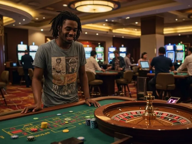 Smiling man focused while playing roulette using a jili7 promo code in an online casino