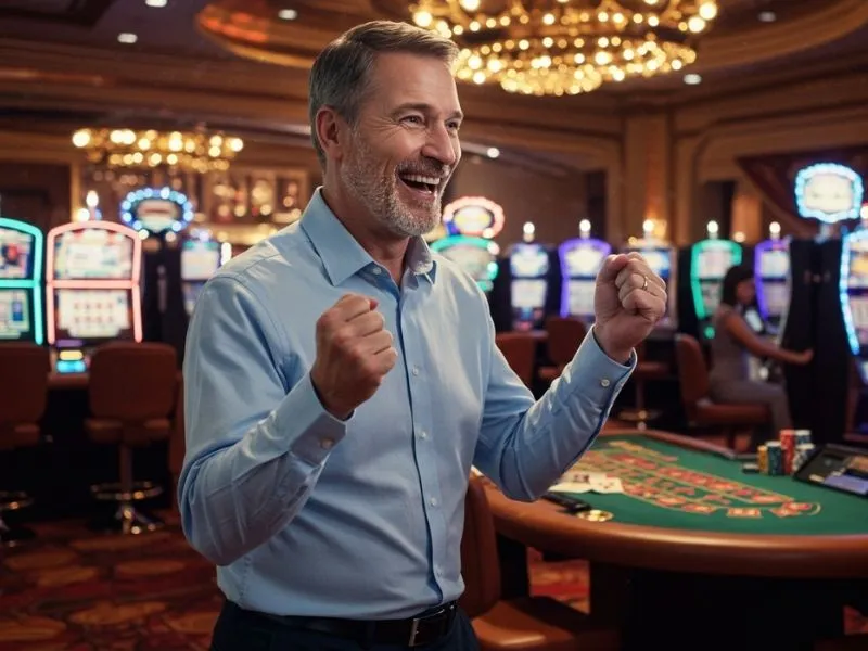 Man happily enjoying a lively casino environment during a milyon88 com promotion event