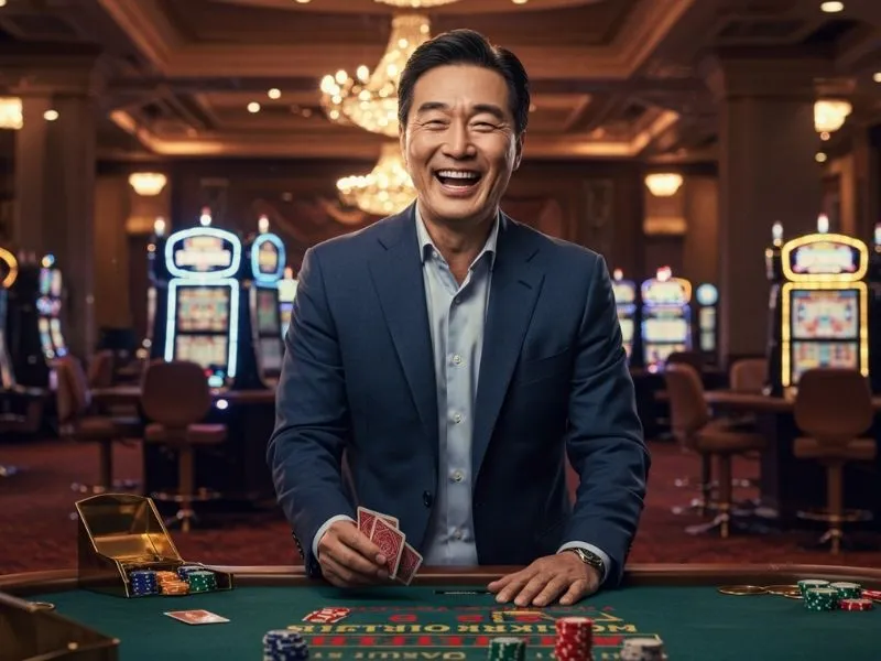 Elderly man smiling while enjoying a poker game during milyon88 com promotion event