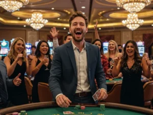 Happy friends celebrating a big win during poker after successful milyon88 login.