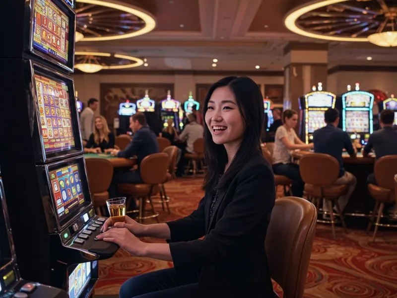 Happy lady smiling while spinning slot reels after milyon88 login