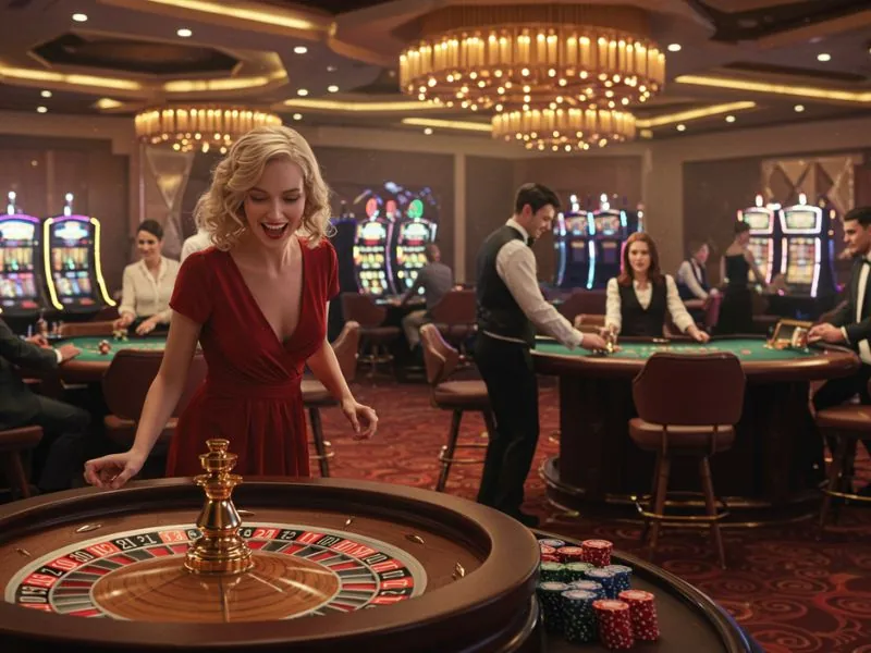 Happy woman enjoying online casino excitement while waiting for the roulette wheel to stop after milyon88 login.