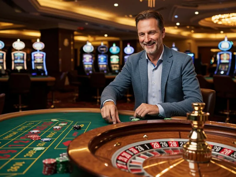 Happy man watching roulette ball spin around wheel with excitement while enjoying the MNL168 Free 100 bonus experience.