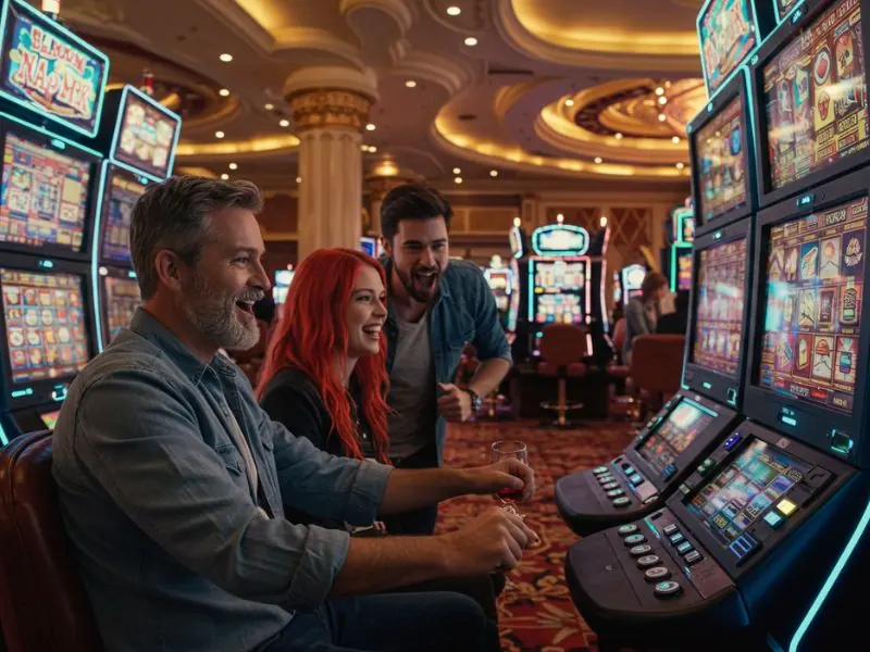 happy friends enjoying colorful slot lights and sounds at mnl168 online casino