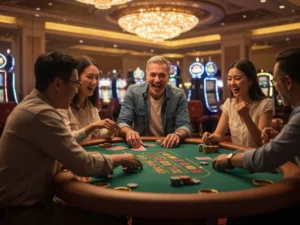 happy-group-strategizing-over-blackjack-cards-at-mnl168-online-casino