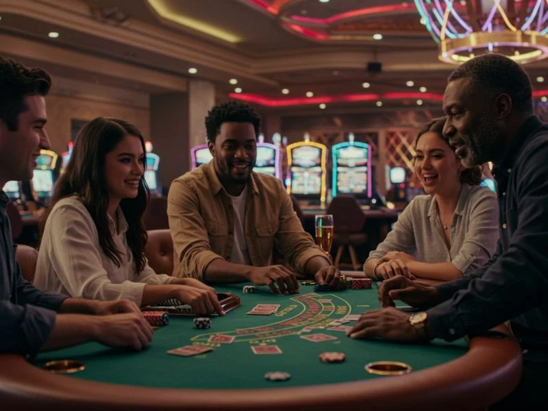 Happy group of friends bonding over shared casino strategies while enjoying games at Nice88.