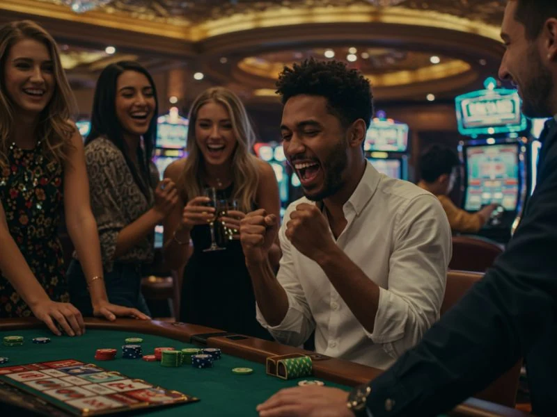 Happy friends celebrating a big win at Nice88 online casino, bursting with excitement during a bonus round.