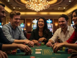 Happy friends sharing excitement over a lucky spin at Nice88 online casino.