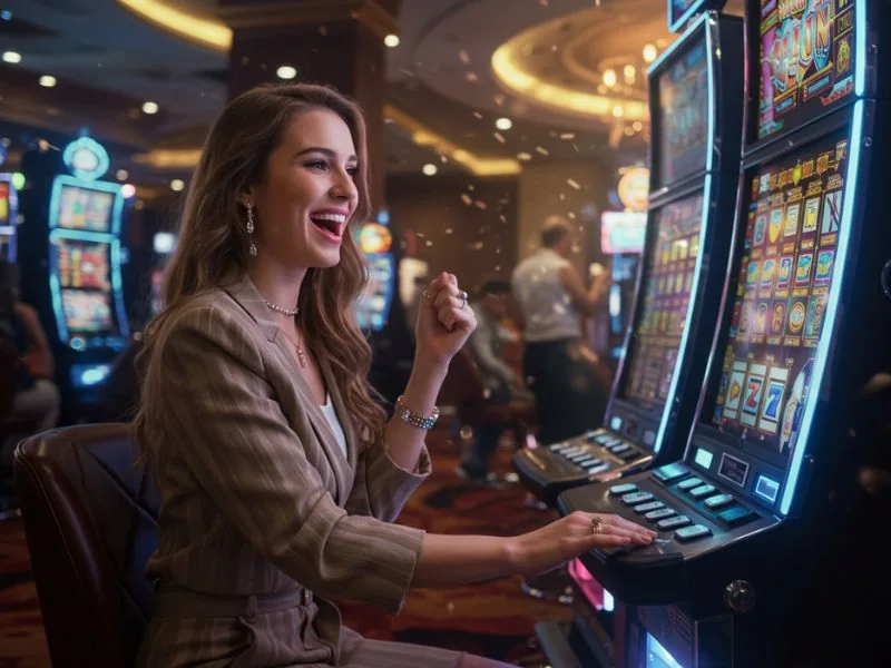 Happy lady enjoying slots at ph365 online casino with big smile while spinning reels