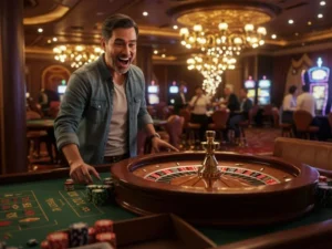 Happy man celebrating big win at PH365 Online Casino roulette table