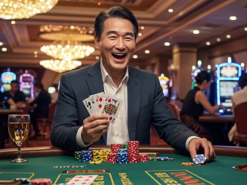 Happy man laughing while bluffing in a card game at PH365 Online Casino