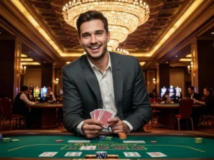 Man holding playing cards while enjoying poker on phbet.win register login platform.