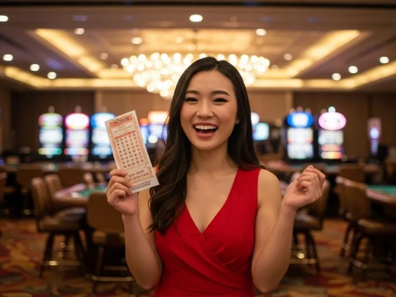 Joyful woman holding a casino ticket after a big win on phbet.win register login platform