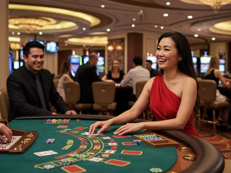 Happy woman playing poker after successful phbet.win register login