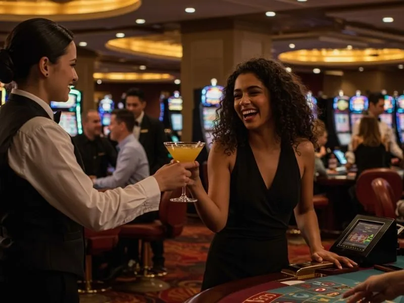 Pinoy 168 Casino dealer offering drinks to a smiling casino guest