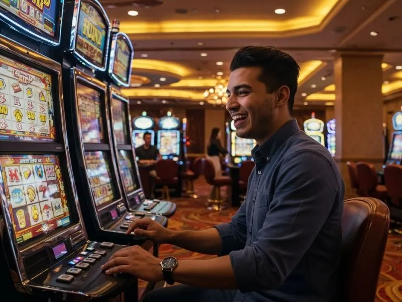 Smiling man happily playing a slot machine at pinoy 168 casino