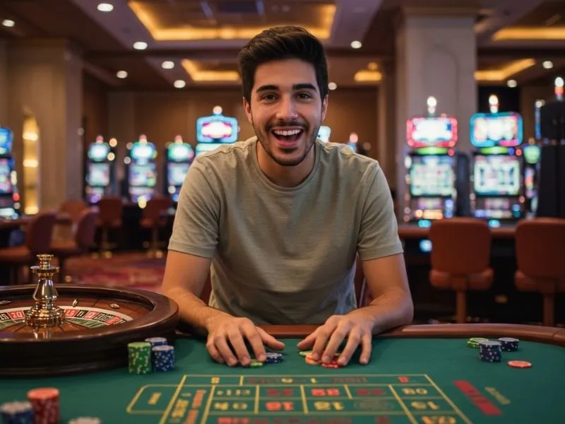 Smiling man holding poker chips at a casino table in pinoy 168 casino