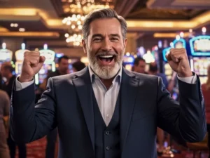 Joyful player cheering in a lively casino crowd after winning in ssbet77 free games