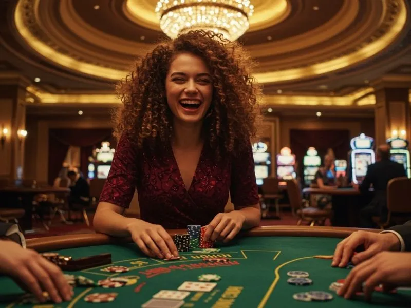 Joyful poker player enjoying casino games with a big smile on ssbet77 free platform