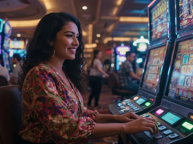 Smiling player enjoying a slot machine game with ssbet77 free casino rewards