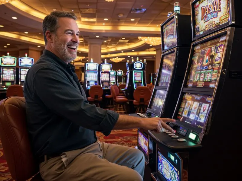 wow888 happy man raising his hand in excitement after winning a slot jackpot online