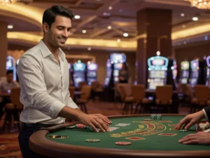 Happy man smiling while holding playing cards at wow888 online casino