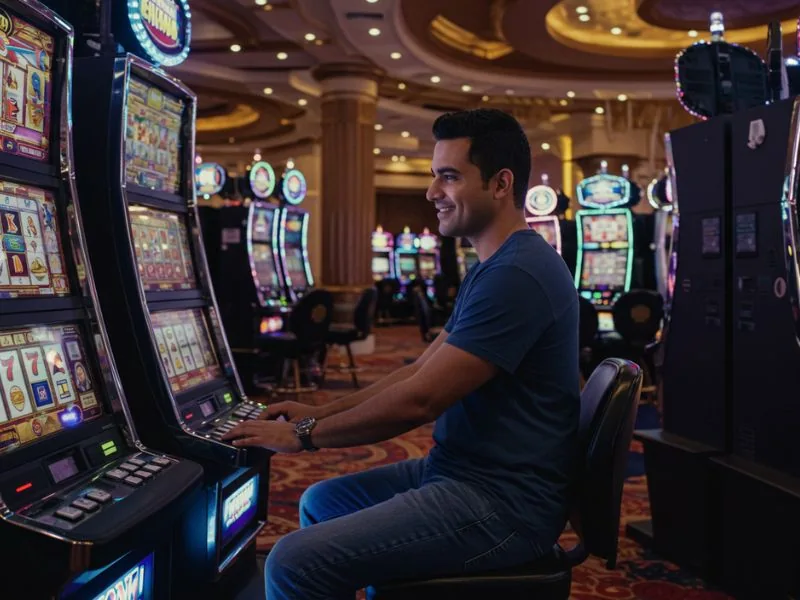 Happy player enjoying free spins on favorite slot game at wow888 online casino.