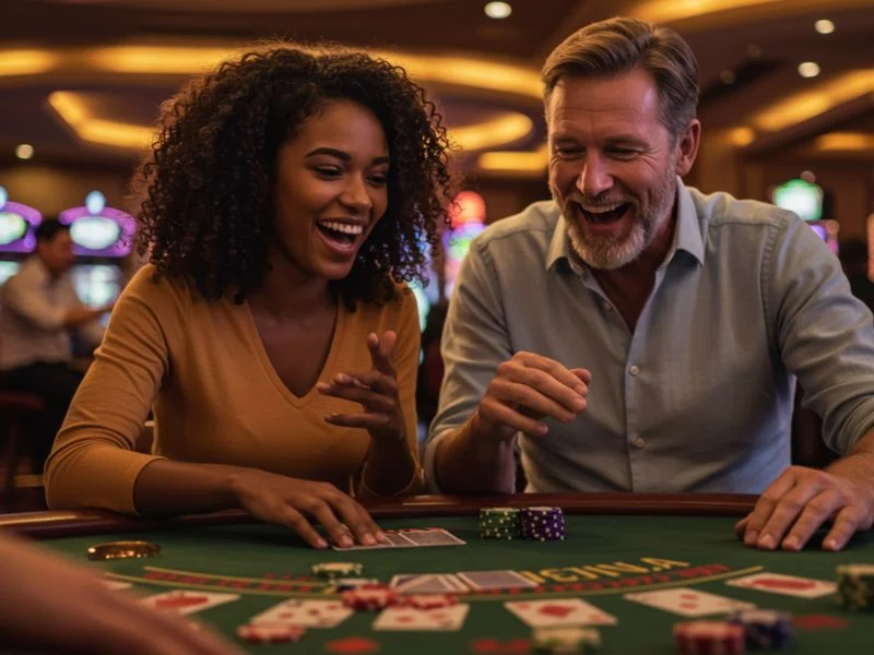 Happy player smiling while flipping poker cards at wow888 online casino.