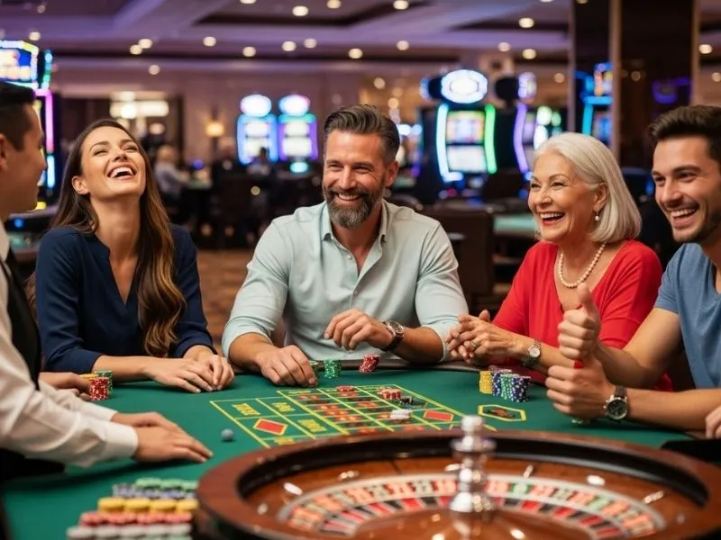 Friends laughing happily around a roulette wheel inside a physical casino, showcasing the lively atmosphere of 688jili Casino.