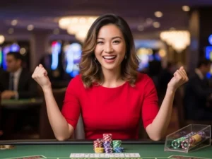 Excited lady celebrating her poker win at a physical table in 688jili Casino.